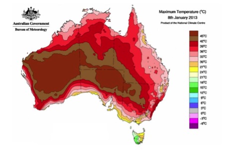 Maximum temperature map for Australia, January 8th 2013